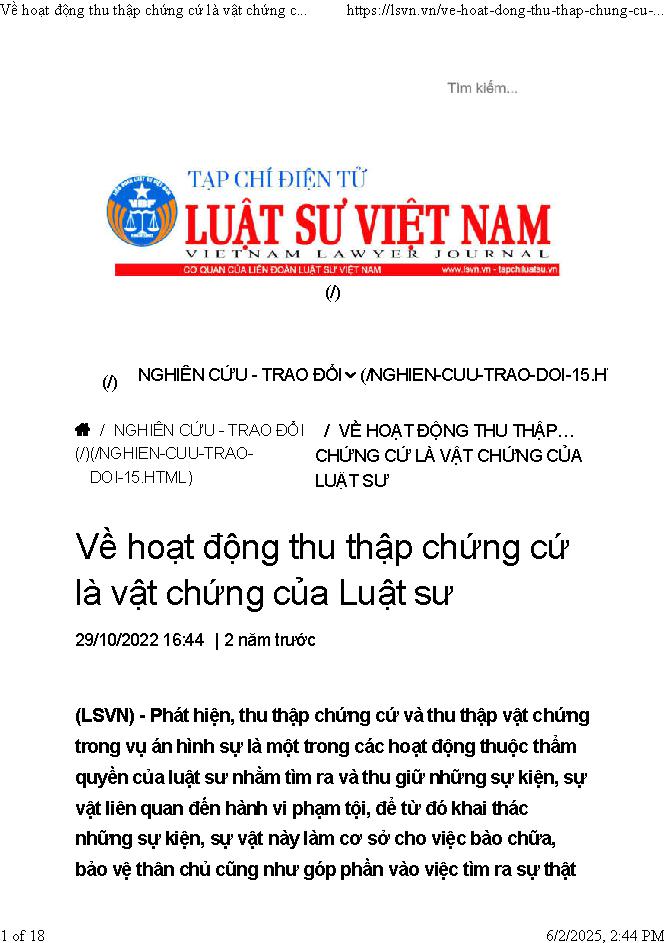 Về hoạt động thu thập chứng cứ là vật chứng của luật sư