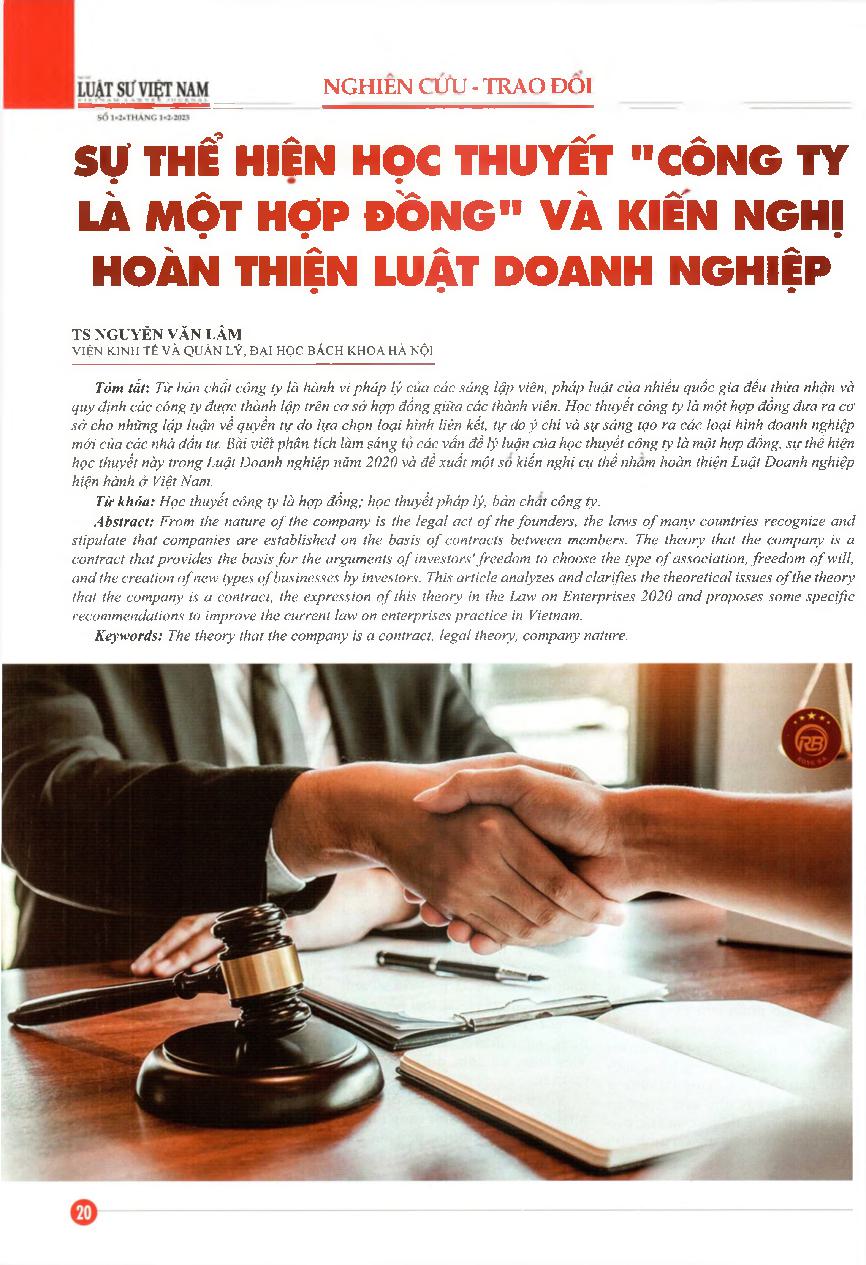 Sự thể hiện học thuyết "công ty là một hợp đồng" và kiến nghị hoàn thiện luật doanh nghiệp