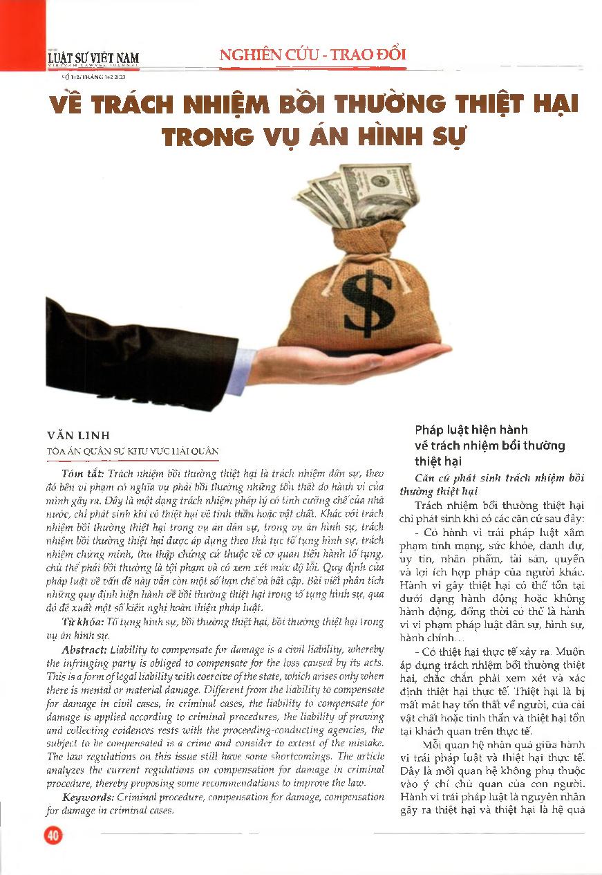 Về trách nhiệm bồi thường thiệt hại trong vụ án hình sự