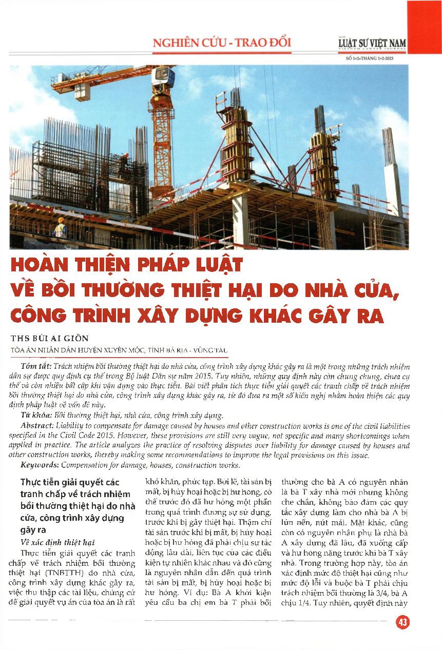 Hoàn thiện pháp luật về bồi thường thiệt hại do nhà cửa, công trình xây dựng khác gây ra
