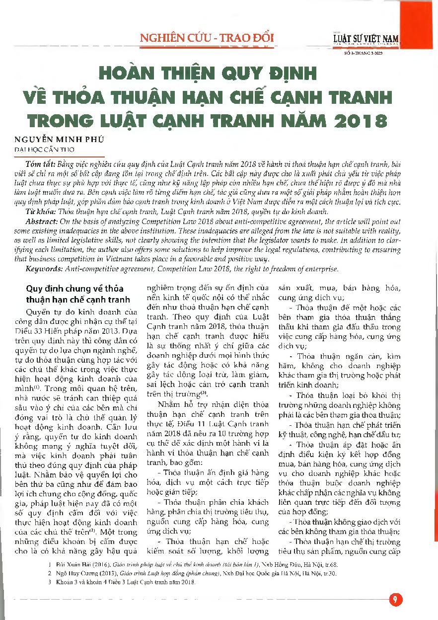 Hoàn thiện quy định về thỏa thuận hạn chế cạnh tranh trong Luật Cạnh tranh năm 2018