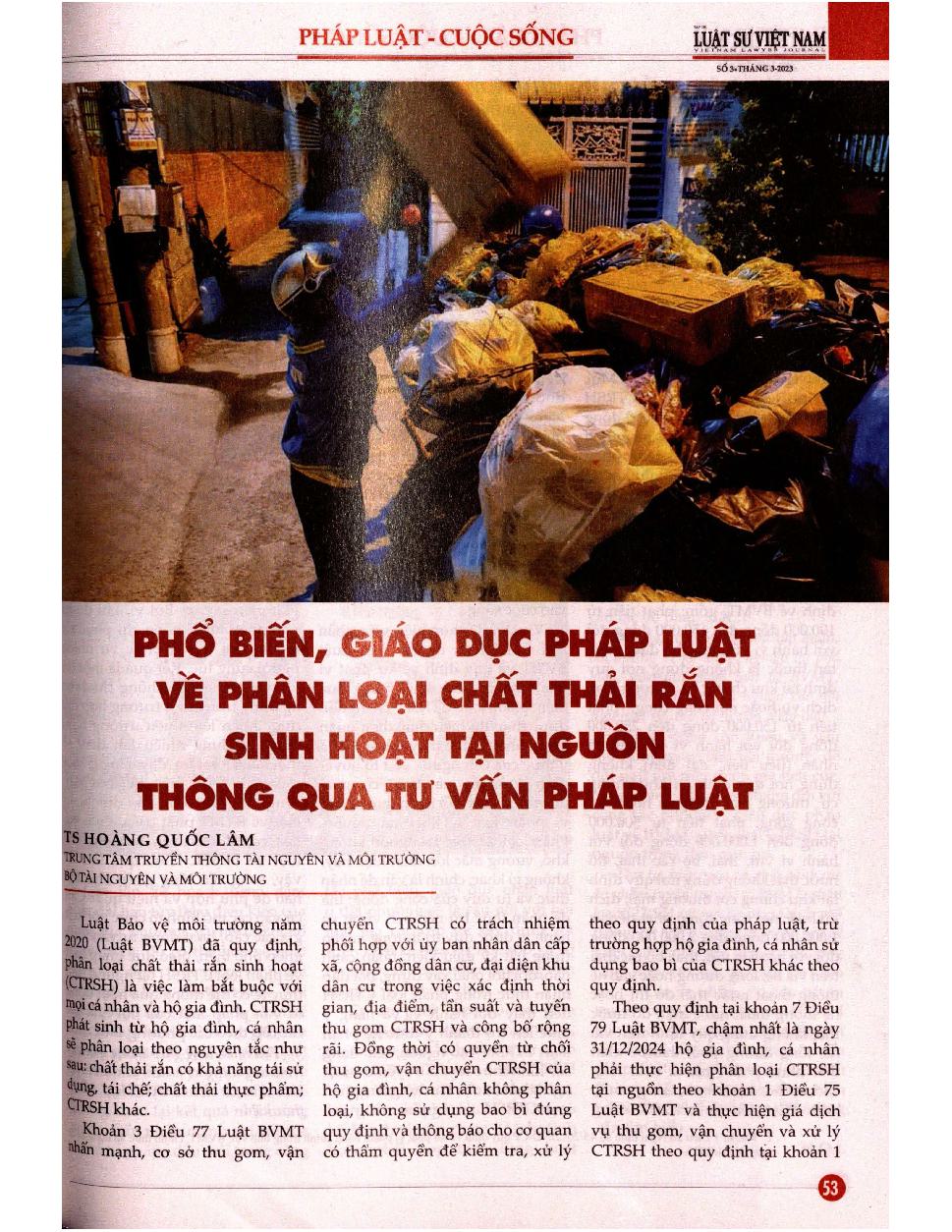 Phổ biến, giáo dục pháp luật về phân loại chất thải rắn sinh hoạt tại nguồn thông qua tư vấn pháp luật