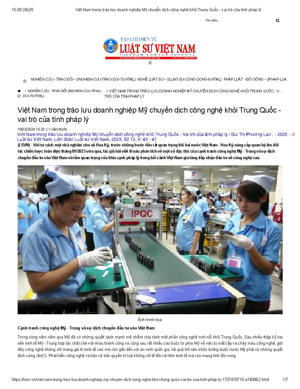 Việt Nam trong trào lưu doanh nghiệp Mỹ chuyển dịch công nghệ khỏi Trung Quốc - Vai trò của tính pháp lý