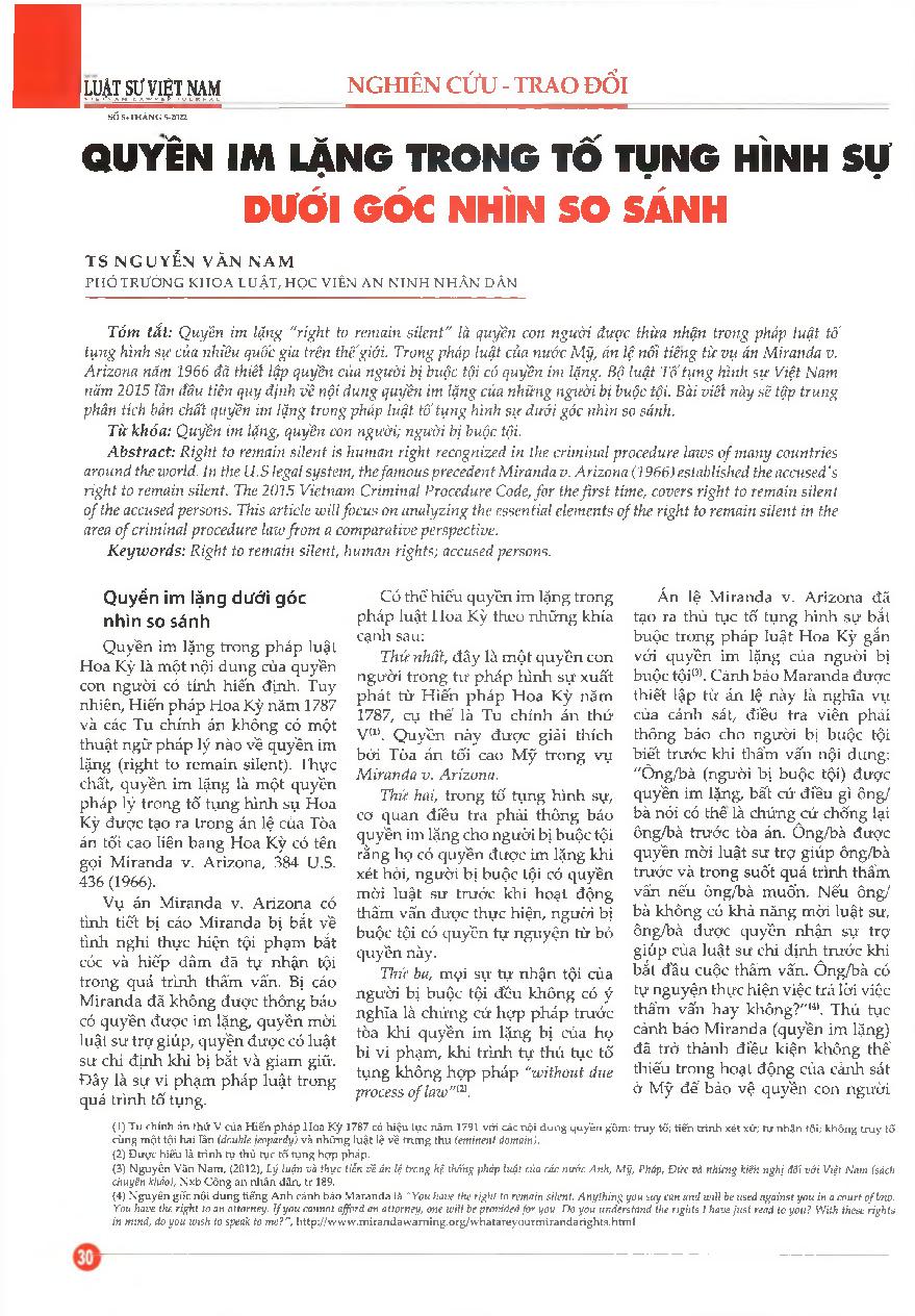 Quyền in lặng trong tố tụng hình sự dưới góc nhìn so sánh