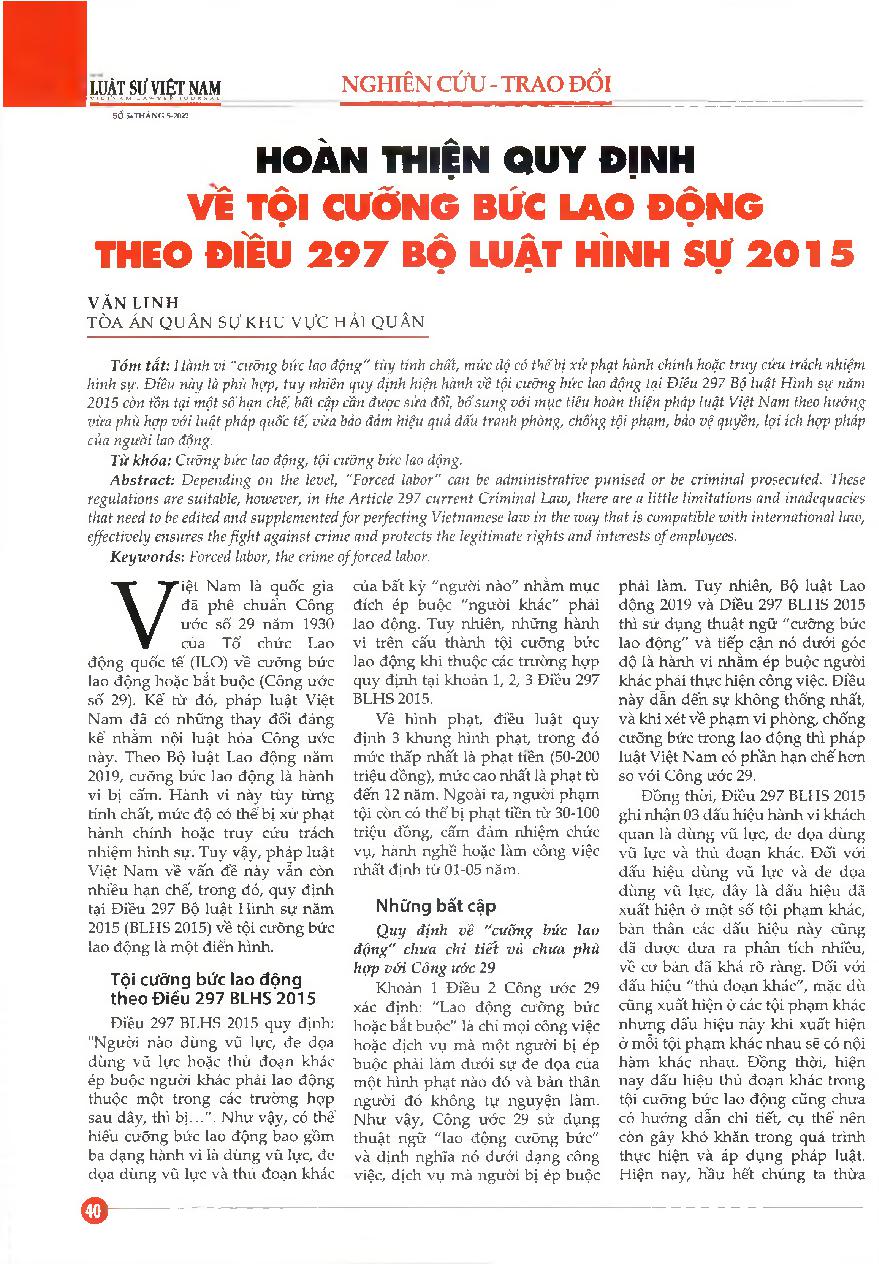 Hoàn thiện quy định về tội cưỡng bức lao động theo điều 297 Bộ luật Hình sự năm 2015