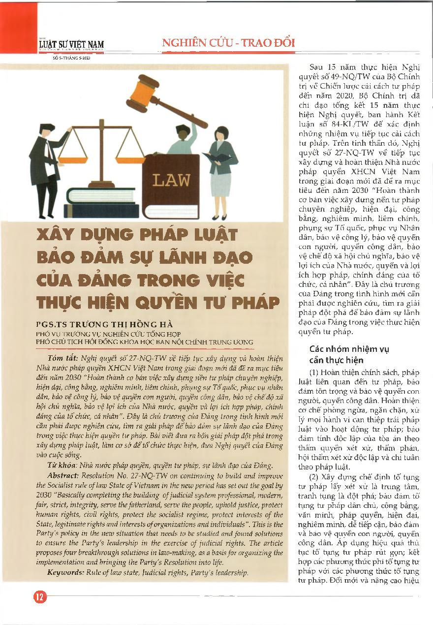 Xây dựng pháp luật bảo đảm sự lãnh đạo của Đảng trong việc thực hiện quyền tư pháp