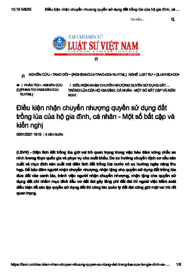 Điều kiện nhận chuyển nhượng quyền sử dụng đất trồng lúa của hộ gia đình, cá nhân - một số bất cập và kiến nghị
