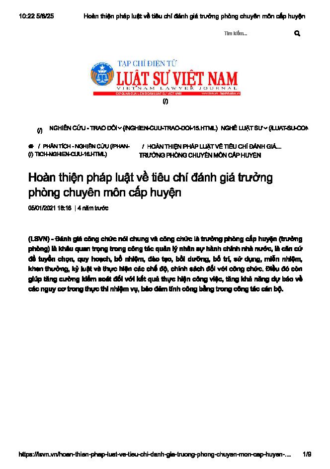 Hoàn thiện pháp luật và tiêu chí đánh giá trưởng phòng chuyên môn cấp huyện