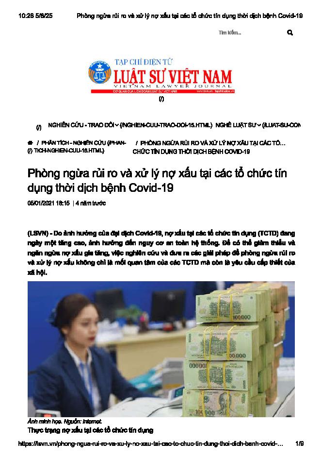 Phòng ngừa rủi ro và xử lý nợ xấu tại các tổ chức tín dụng thờ dịch bệnh Covid - 19
