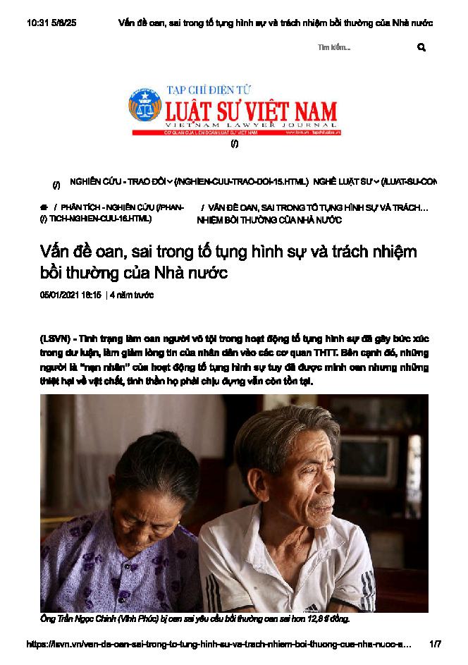 Vấn đề oan, sai trong tố tụng hình sự và trách nhiệm bồi thường của nhà nước