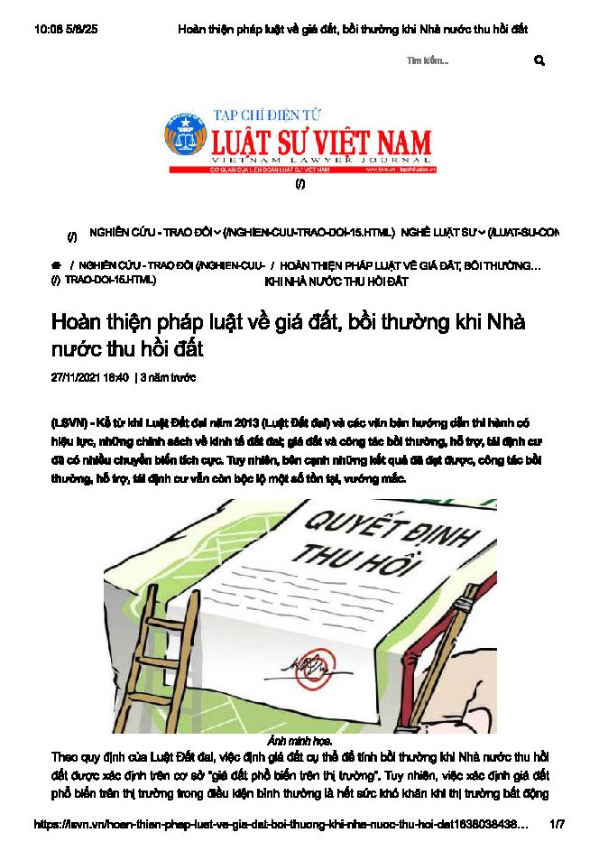 Hoàn thiện pháp luật về giá đất, bồi thường khi nhà nước thu hồi đất