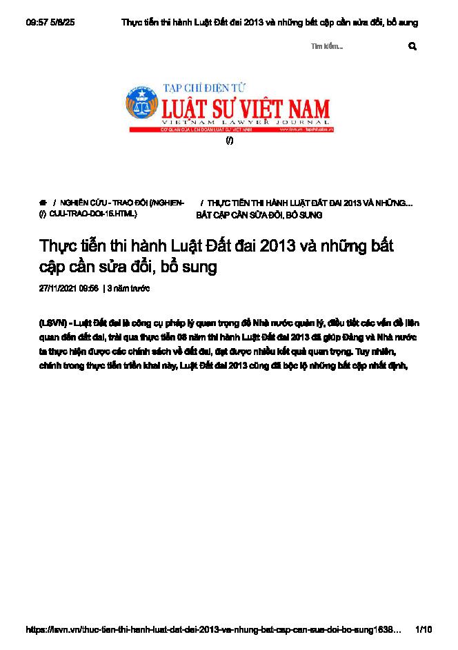 Thực tiễn thi hành Luật Đất đai năm 2013 và những bất cập cần sửa đổi, bổ sung