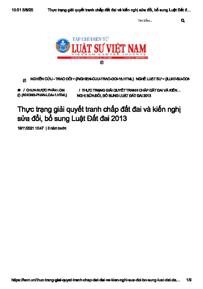 Thực trạng giải quyết tranh chấp đất đai và kiến nghị sửa đổi, bổ sung luật Đất đai năm 2013