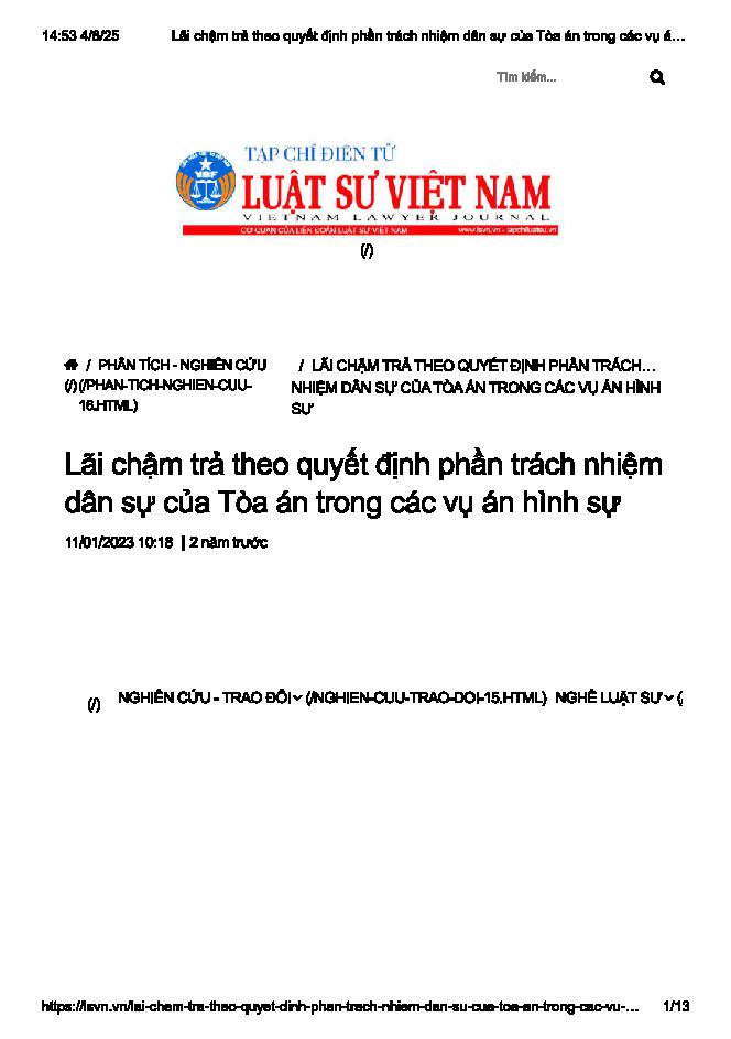 Lãi chậm trả theo quyết định phần trách nhiệm dân sự của tòa án trong các vụ án hình sự