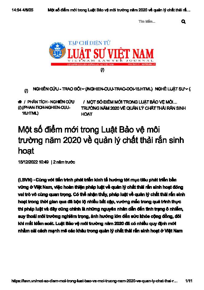Một số điểm mới trong Luật Bảo vệ môi trường năm 2020 về quản lý chất thải rắn sinh hoạt