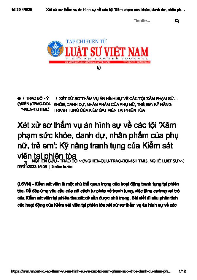 Xét xử sơ thẩm vụ án hình sự về các tội xâm phạm sức khỏe, danh dự, nhân phẩm của phụ nữ, trẻ em: Kỹ năng tranh tụng của kiểm sát viên tại phiên tòa