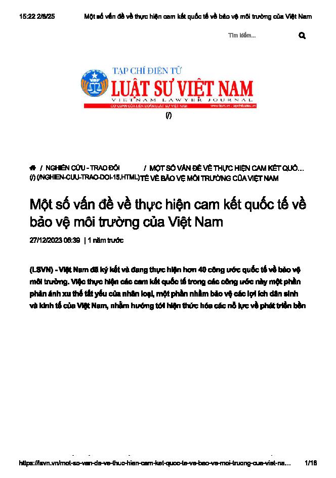 Một số vấn đề về thực hiện cam kết quốc tế về bảo vệ môi trường của Việt Nam