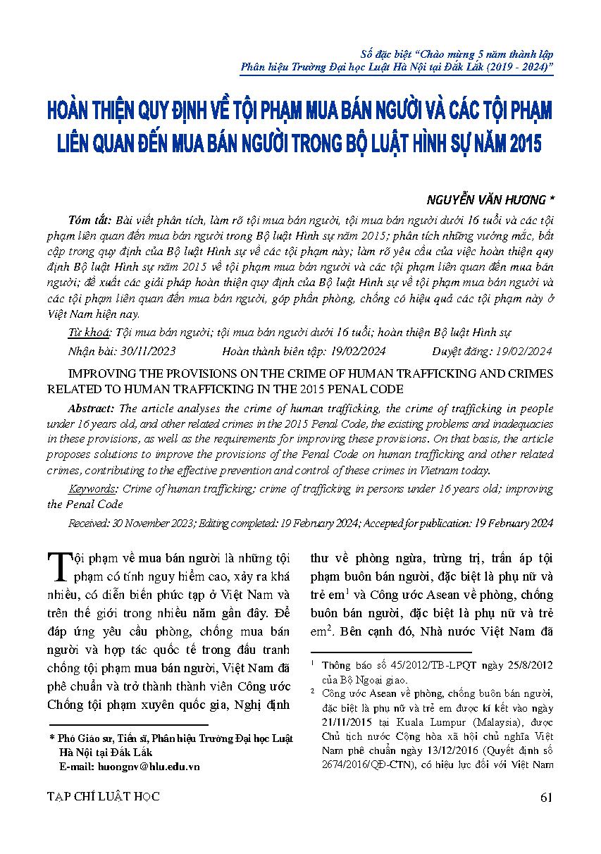 Hoàn thiện quy định về tội phạm mua bán người và các tội phạm liên quan đến mua bán người trong Bộ luật Hình sự năm 2015