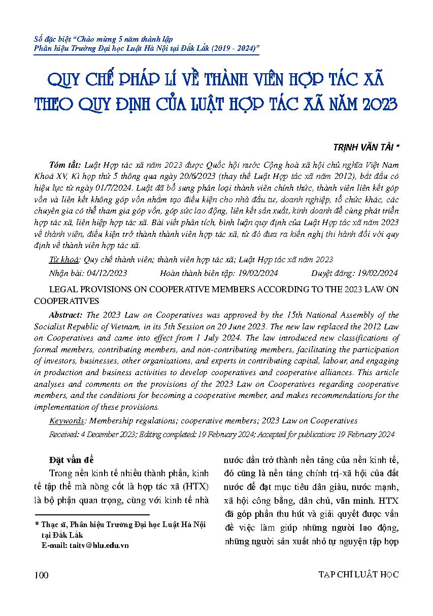 Quy chế pháp lí về thành viên hợp tác xã theo quy định của Luật Hợp tác xã năm 2023