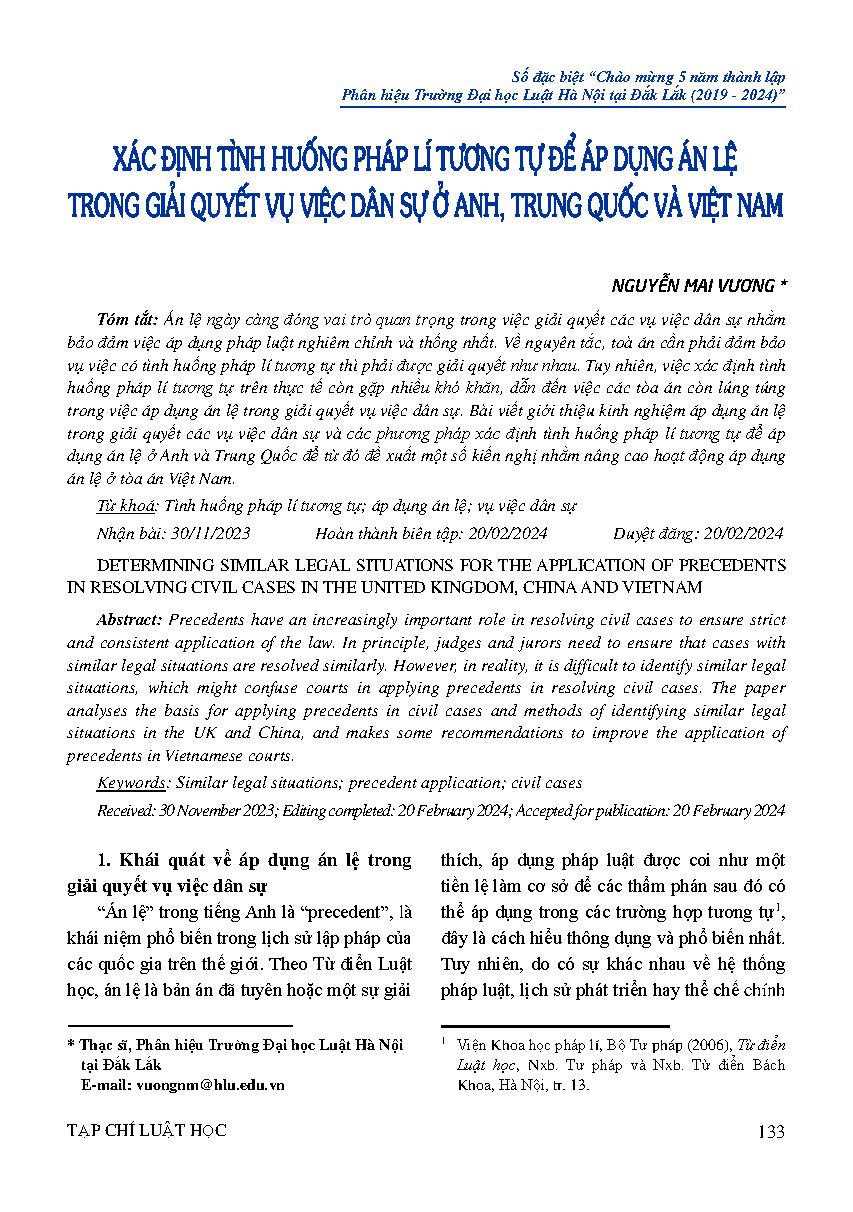 Xác định tình huống pháp lí tương tự để áp dụng án lệ trong giải quyết vụ việc dân sự ở Anh, Trung Quốc và Việt Nam