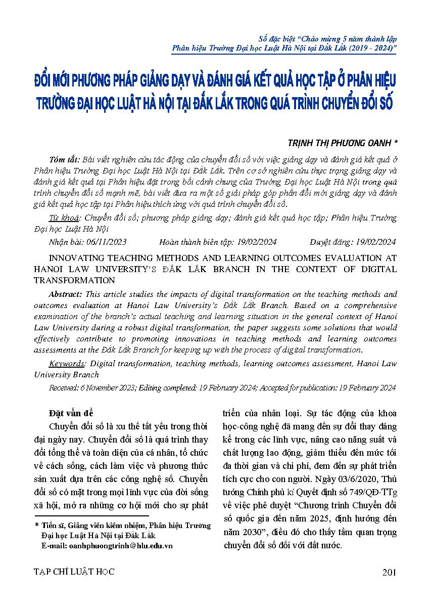 Đổi mới phương pháp giảng dạy và đánh giá kết quả học tập ở Phân hiệu Trường Đại học Luật Hà Nội tại Đắk Lắk trong quá trình chuyển đổi số