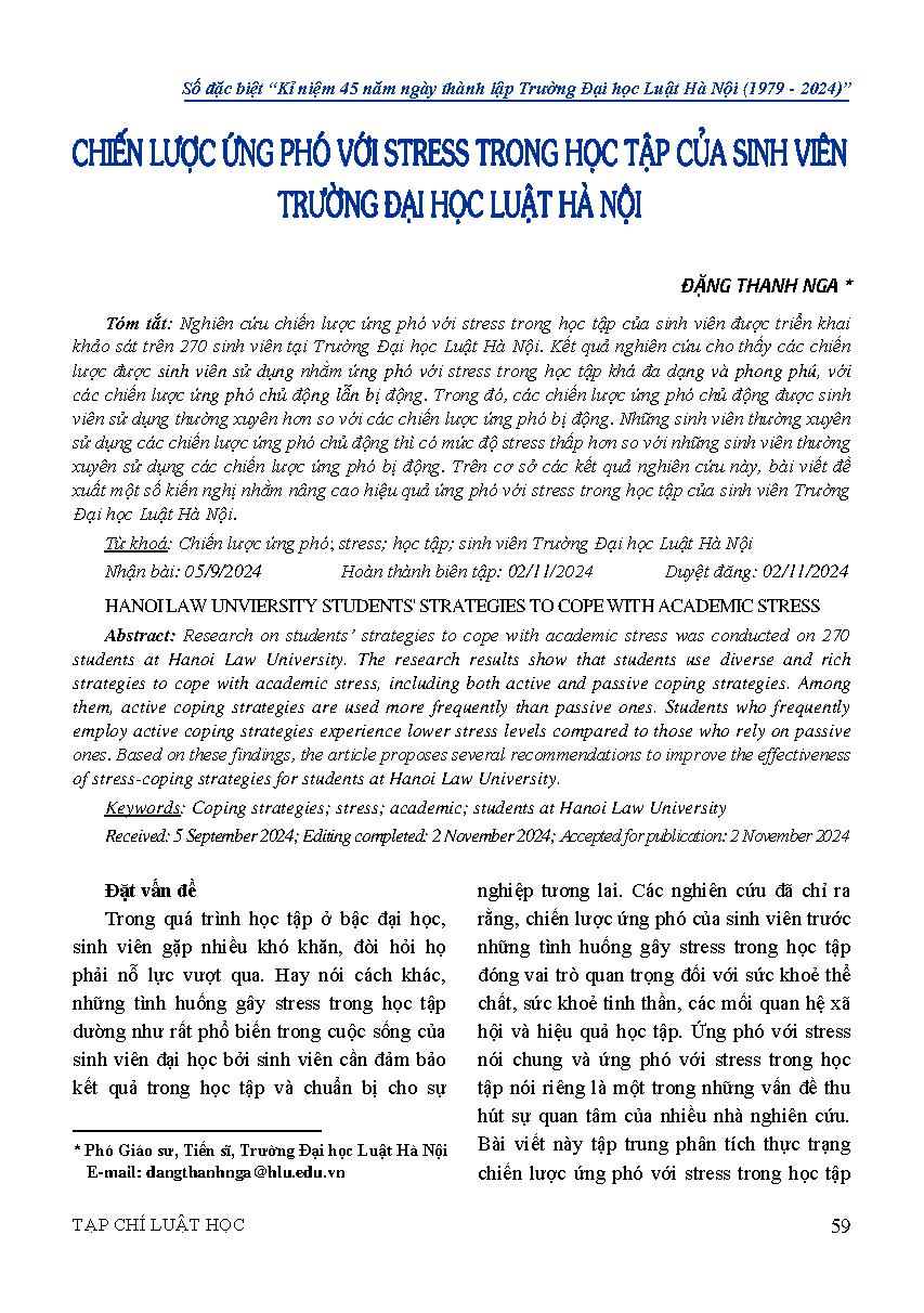 Chiến lược ứng phó với stress trong học tập của sinh viên Trường Đại học Luật Hà Nội