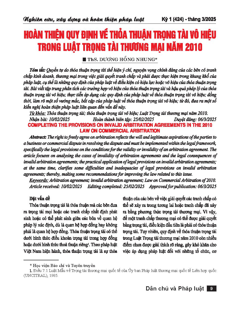 Hoàn thiện quy định về thỏa thuận trọng tài vô hiệu trong luật trọng tài thương mại năm 2010