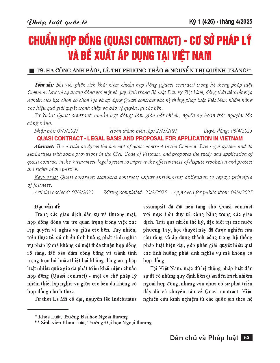 Chuẩn hợp đồng (Quasi contract) - Cơ sở pháp lý và đề xuất áp dụng tại Việt Nam