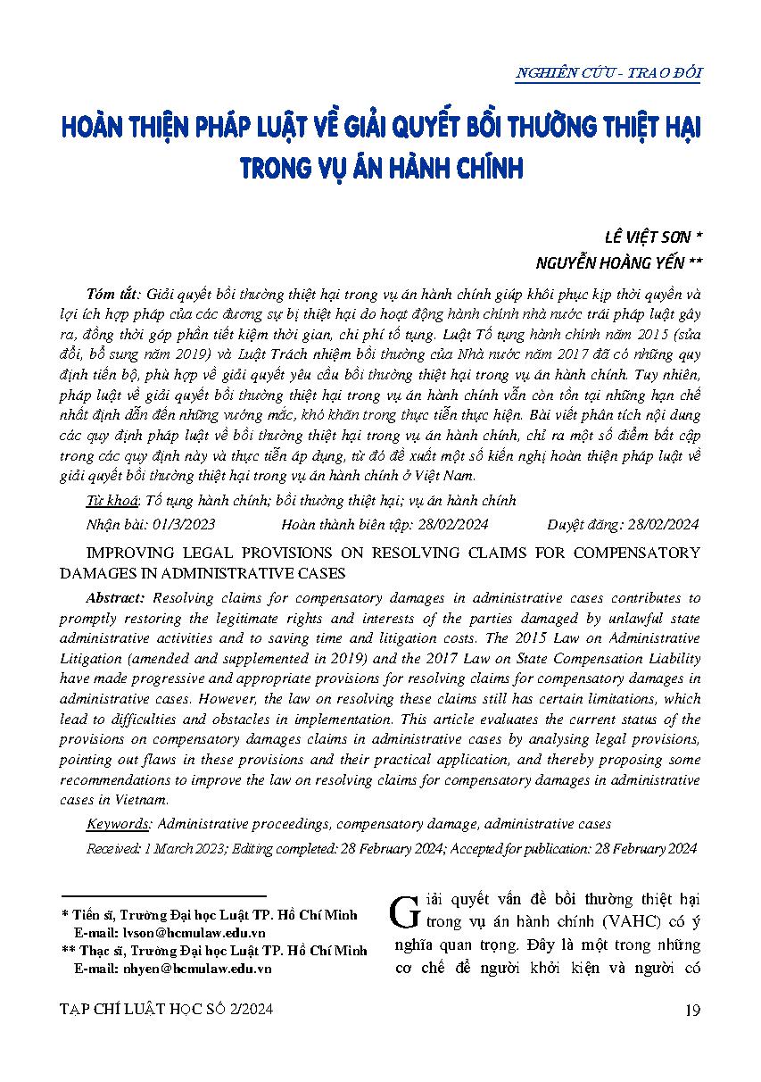 Hoàn thiện pháp luật về giải quyết bồi thường thiệt hại trong vụ án hành chính