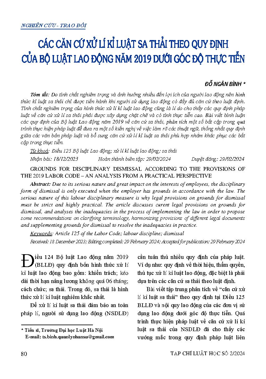 Các căn cứ xử lí kỉ luật sa thải theo quy định của Bộ luật Lao động năm 2019 dưới góc độ thực tiễn