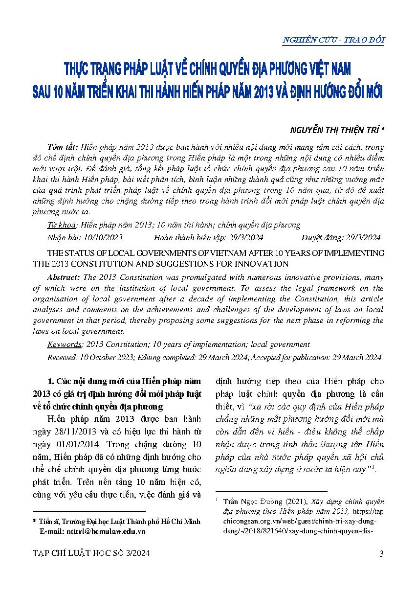Thực trạng pháp luật về chính quyền địa phương Việt Nam sau 10 năm triển khai thi hành Hiến pháp năm 2013 và định hướng đổi mới