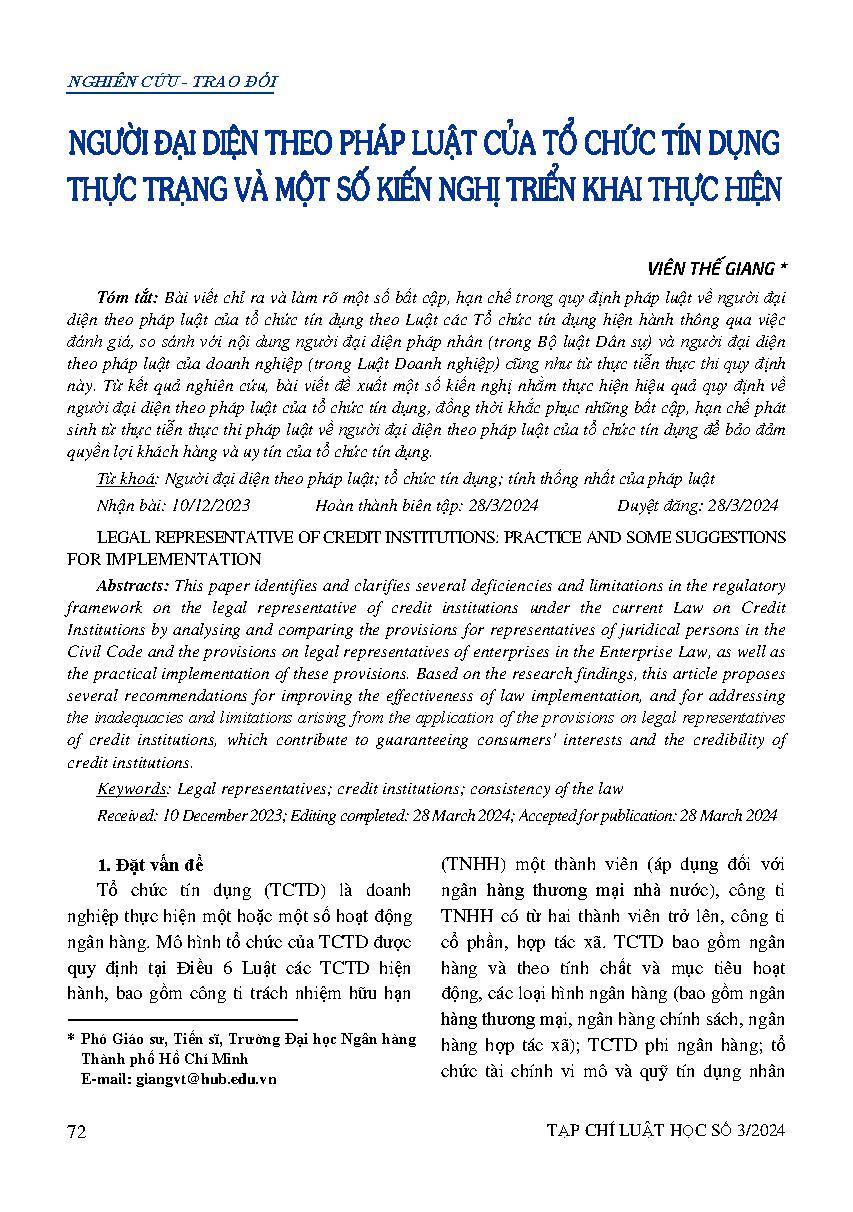 Người đại diện theo pháp luật của tổ chức tín dụng: Thực trạng và một số kiến nghị triển khai thực hiện