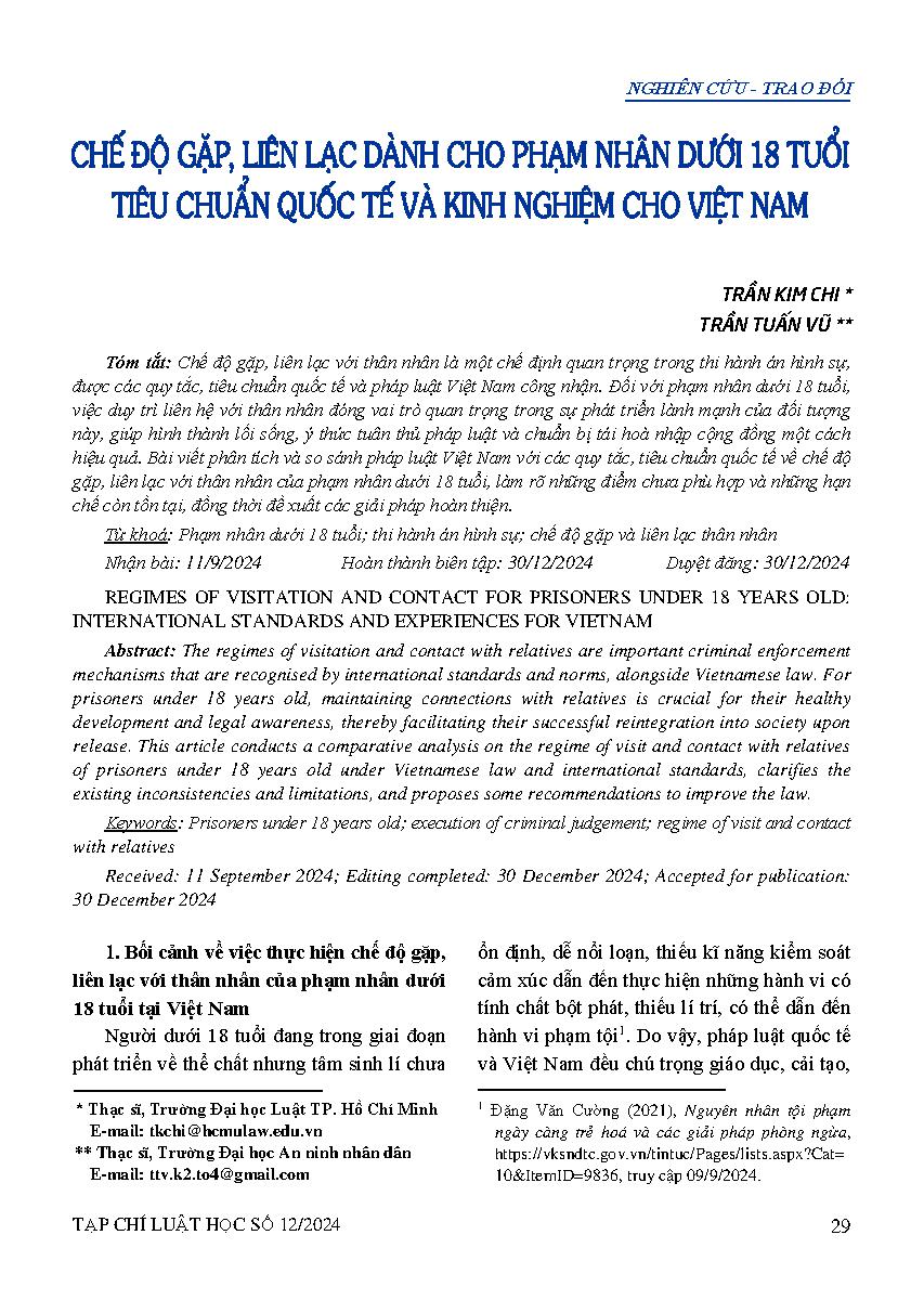 Chế độ gặp, liên lạc dành cho phạm nhân dưới 18 tuổi: Tiêu chuẩn quốc tế và kinh nghiệm cho Việt Nam