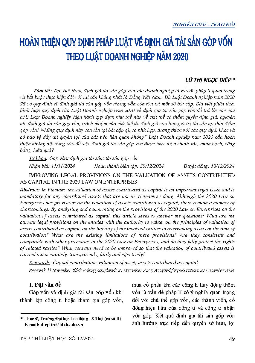 Hoàn thiện quy định pháp luật về định giá tài sản góp vốn theo Luật Doanh nghiệp năm 2020