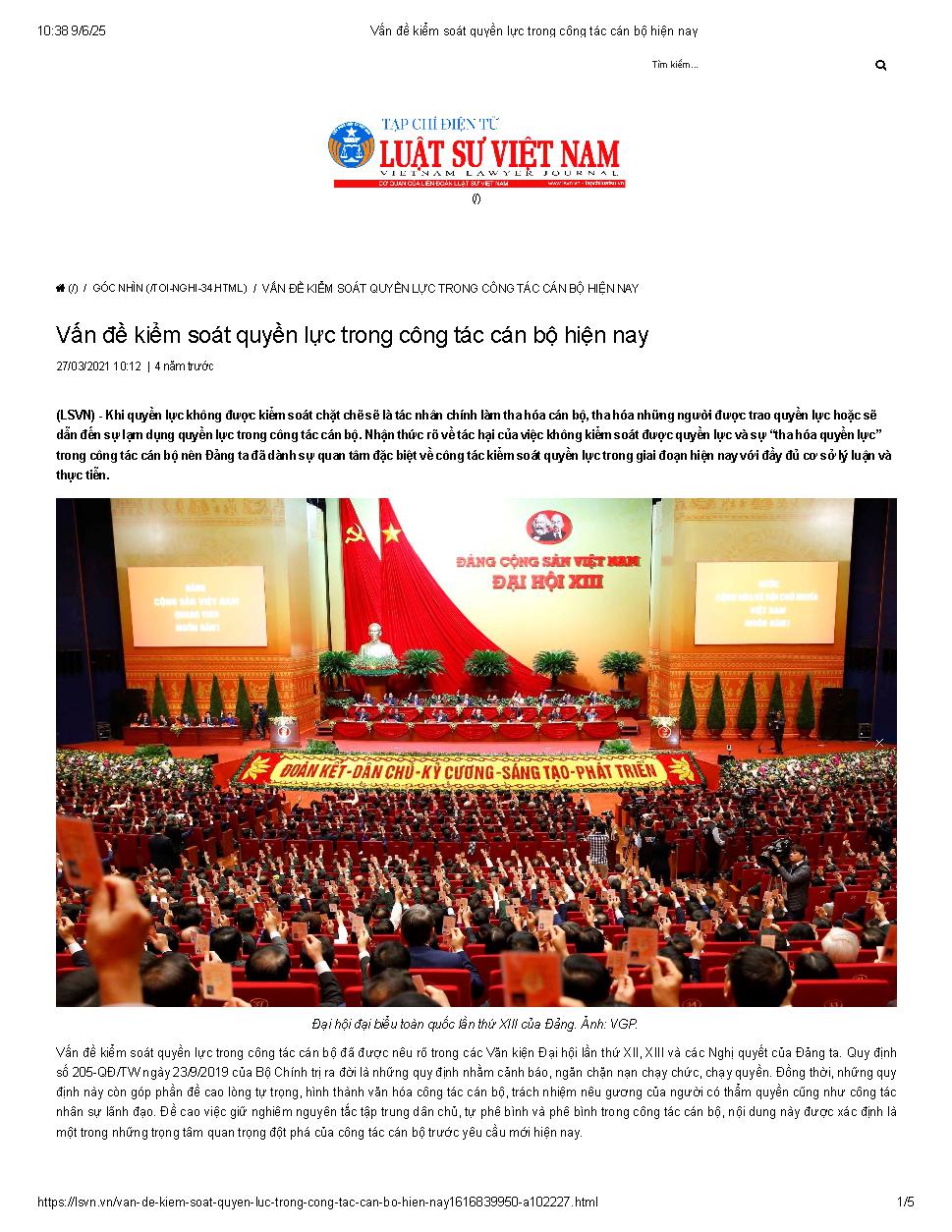 Vấn đề kiểm soát quyền lực trong công tác cán bộ hiện nay