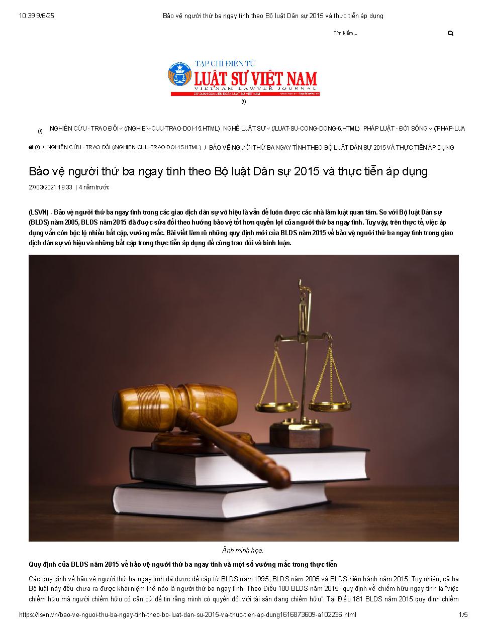 Bảo vệ người thứ ba ngay tình theo Bộ luật Dân sự 2015 và thực tiễn áp dụng
