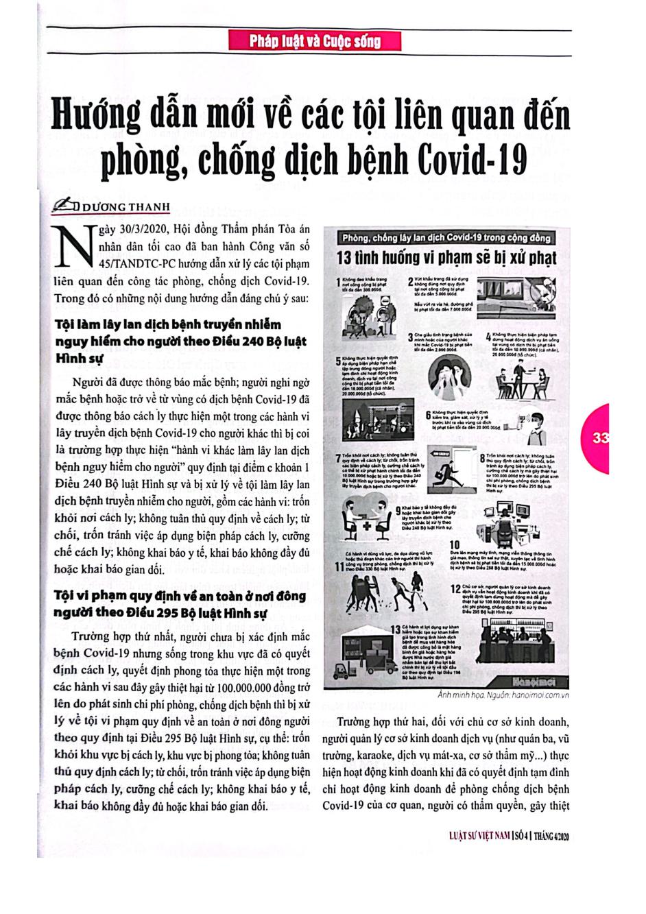 Hướng dẫn mới về các tội liên quan đến phòng, chống dịch bệnh covid-19
