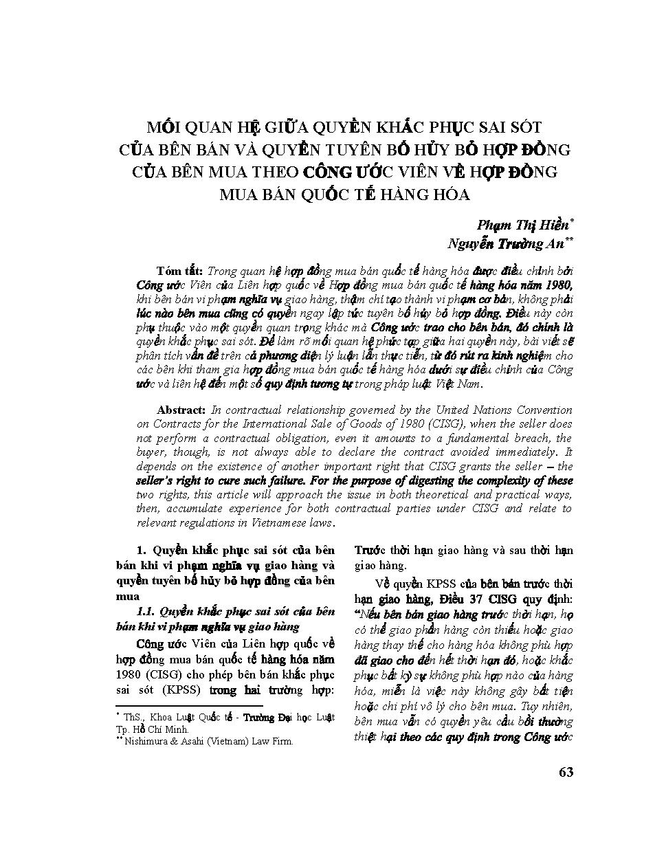 Mối quan hệ giữa quyền khắc phục sai sót của bên bán và quyền tuyên bố hủy hợp đồng của bên mua theo Công ước Viên về hợp đồng mua bán quốc tế hàng hóa
