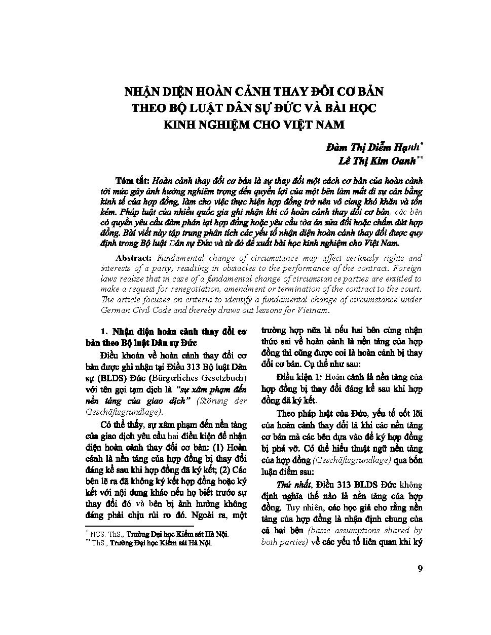 Nhận diện hoàn cảnh thay đổi cơ bản theo bộ luật dân sự Đức và bài học kinh nghiệm cho Việt Nam