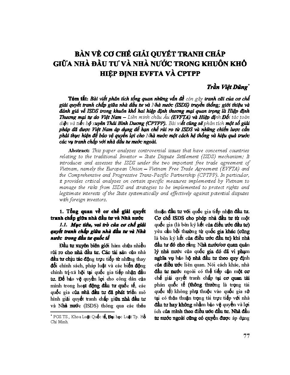 Bàn về cơ chế giải quyết tranh chấp giữa nhà đầu tư và nhà nước trong khuôn khổ hiệp định EVFTA và CPTPP