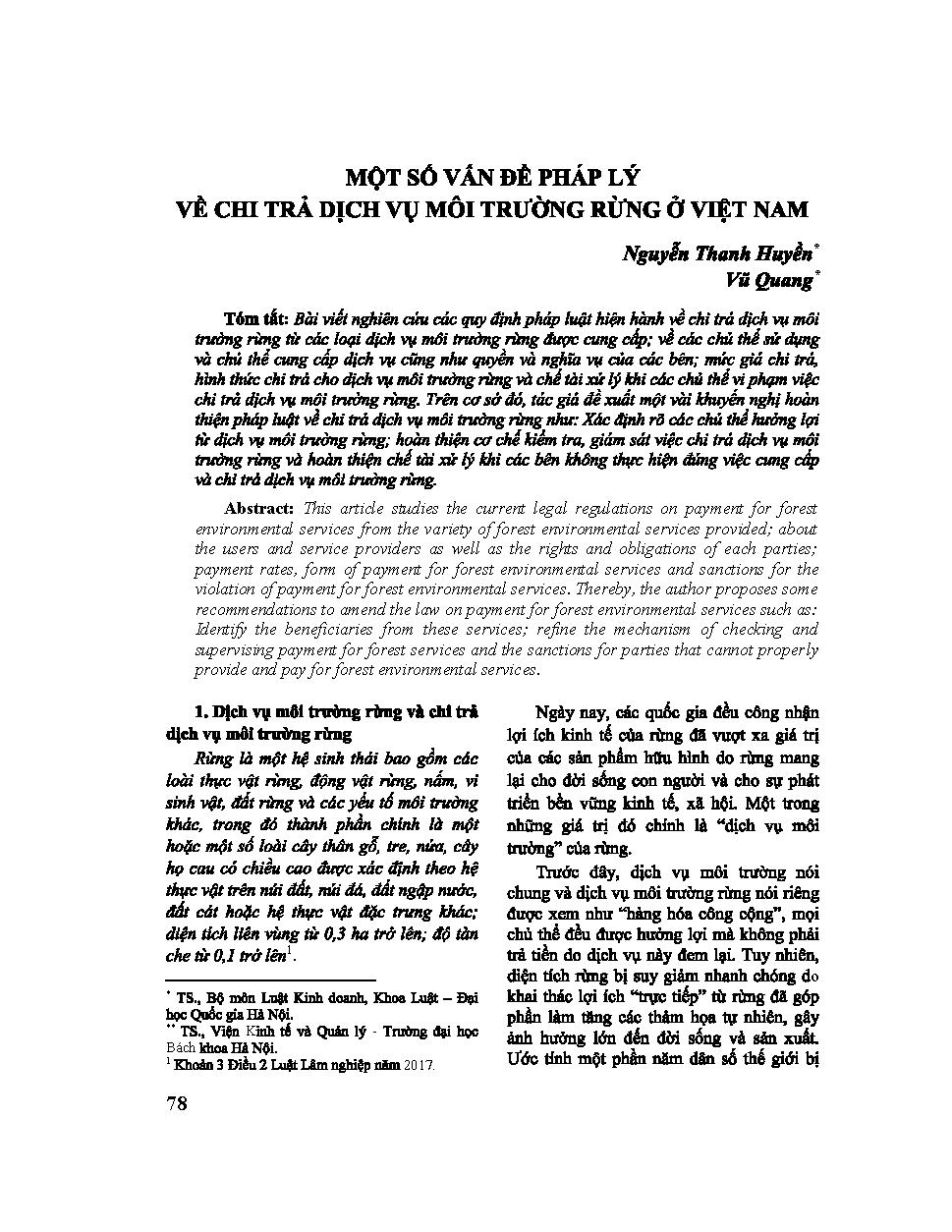Một số vấn đề pháp lý về chi trả dịch vụ môi trường rừng ở Việt Nam