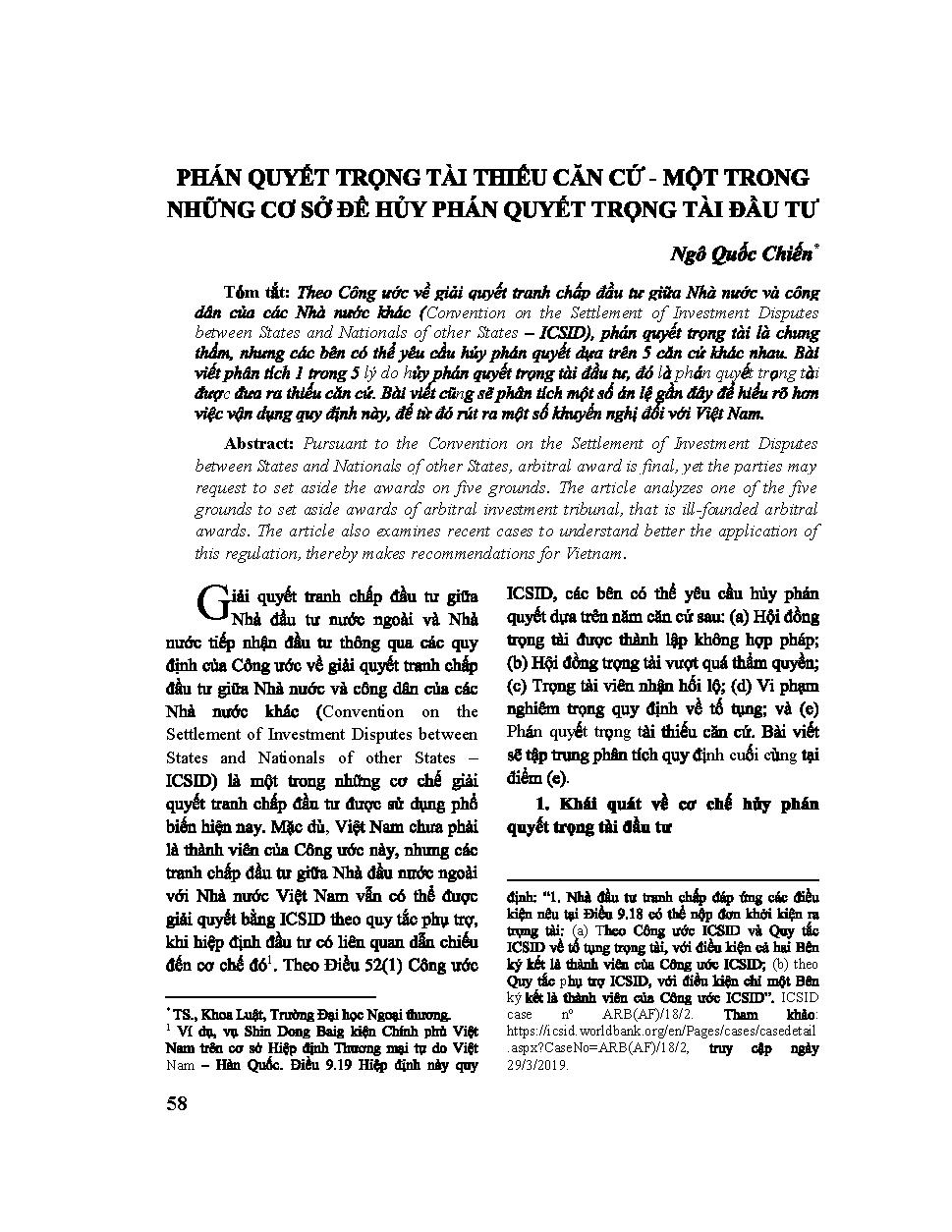 Phán quyết trọng tài thiếu căn cứ - một trong những cơ sở để hủy phán quyết trọng tài đầu tư