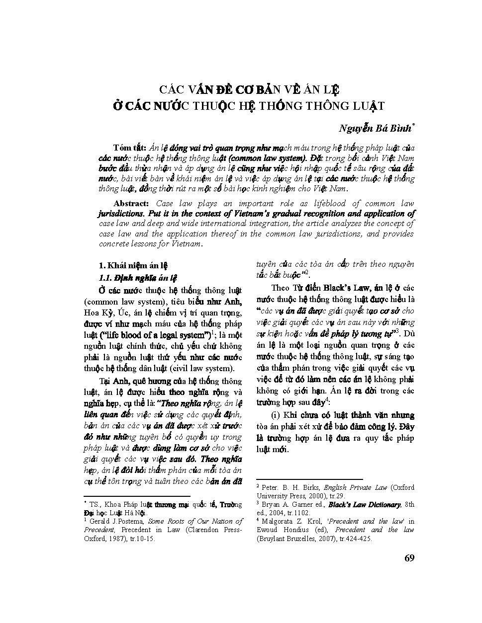 Các vấn đề cơ bản về án lệ ở các nước thuộc hệ thống thông luật