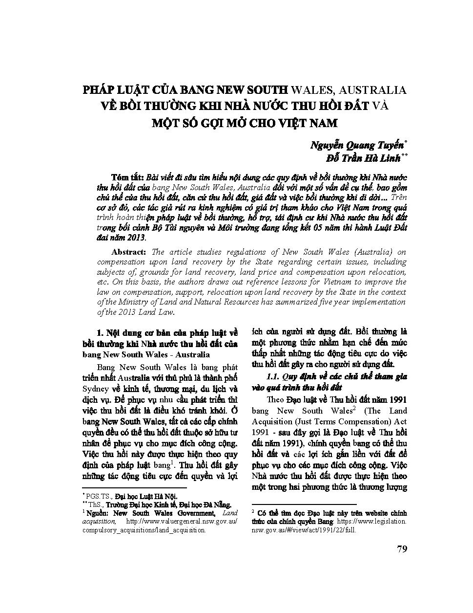 Pháp luật của bang New South Wales, Australia về bồi thường khi nhà nước thu hồi đất và một số gợi mở cho Việt Nam