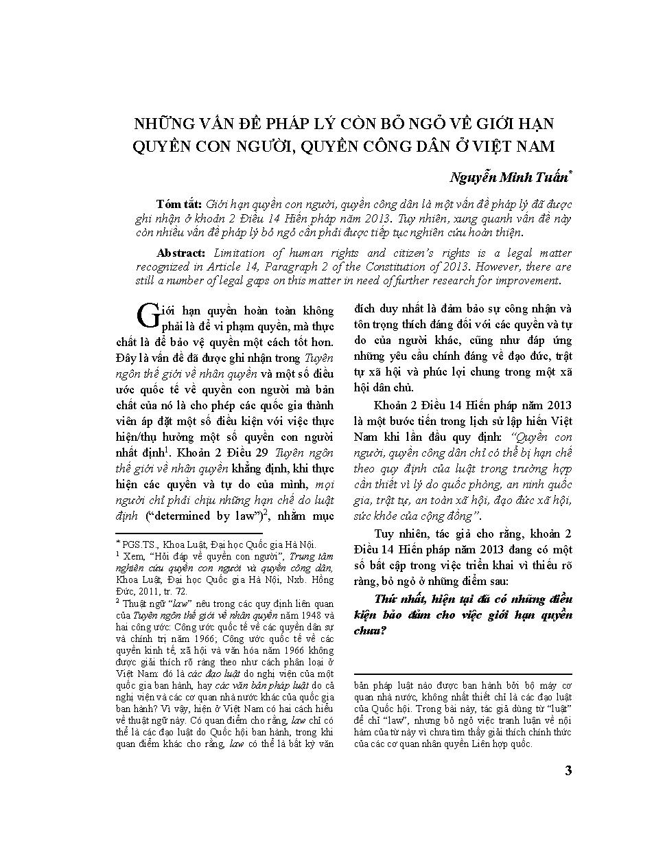 Những vấn đề pháp lý còn bỏ ngỏ về giới hạn quyền con người, quyền công dân ở Việt Nam