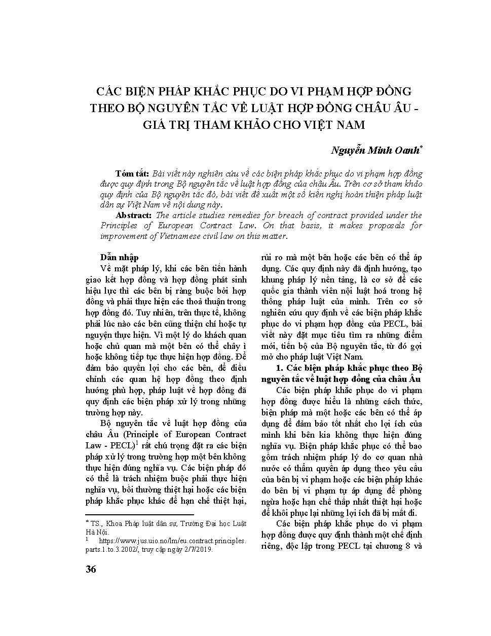 Các biện pháp khắc phục do vi phạm hợp đồng theo Bộ nguyên tắc về luật hợp đồng châu Âu - Giá trị tham khảo cho Việt Nam