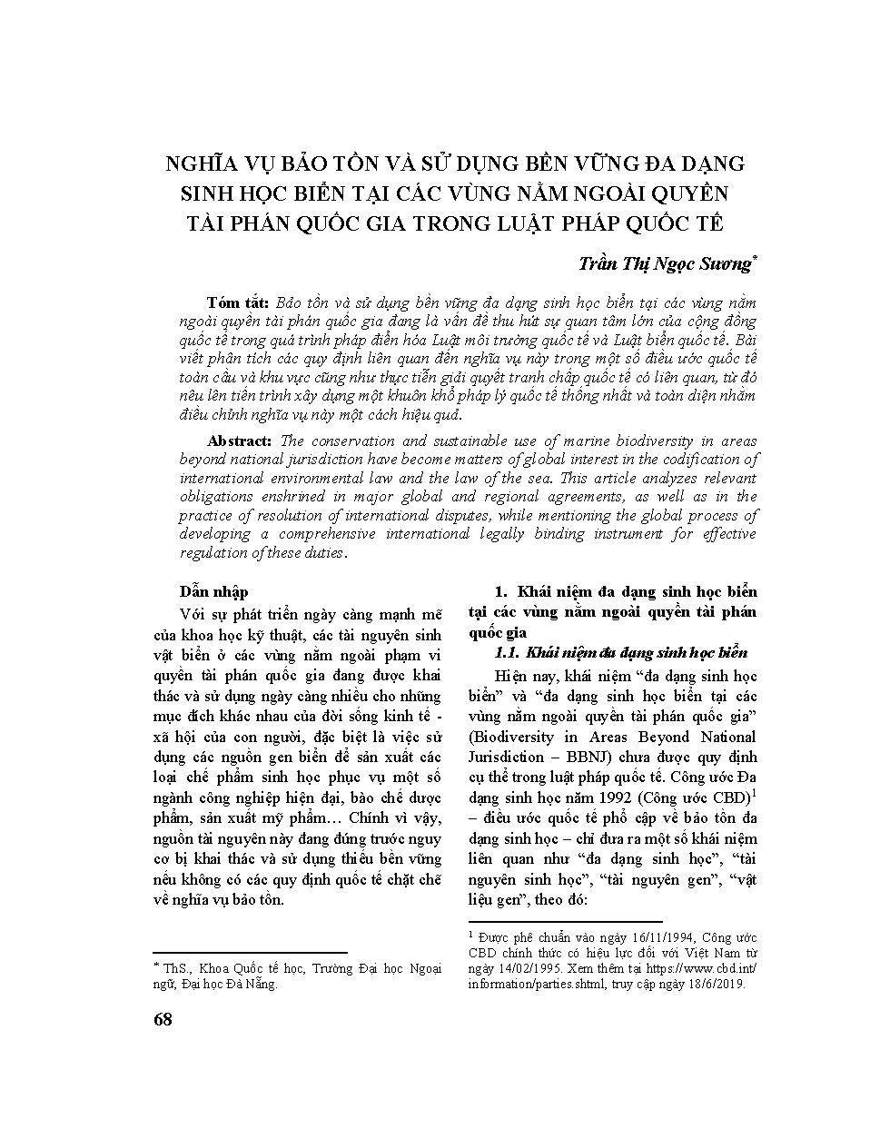 Nghĩa vụ bảo tồn và sử dụng bền vững đa dạng sinh học biển tại các vùng nằm ngoài quyền tài phán quốc gia trong luật pháp quốc tế