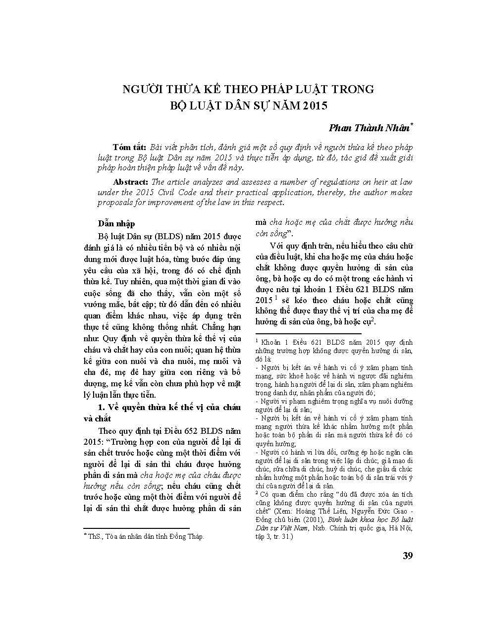 Người thừa kế theo pháp luật trong Bộ luật Dân sự năm 2015