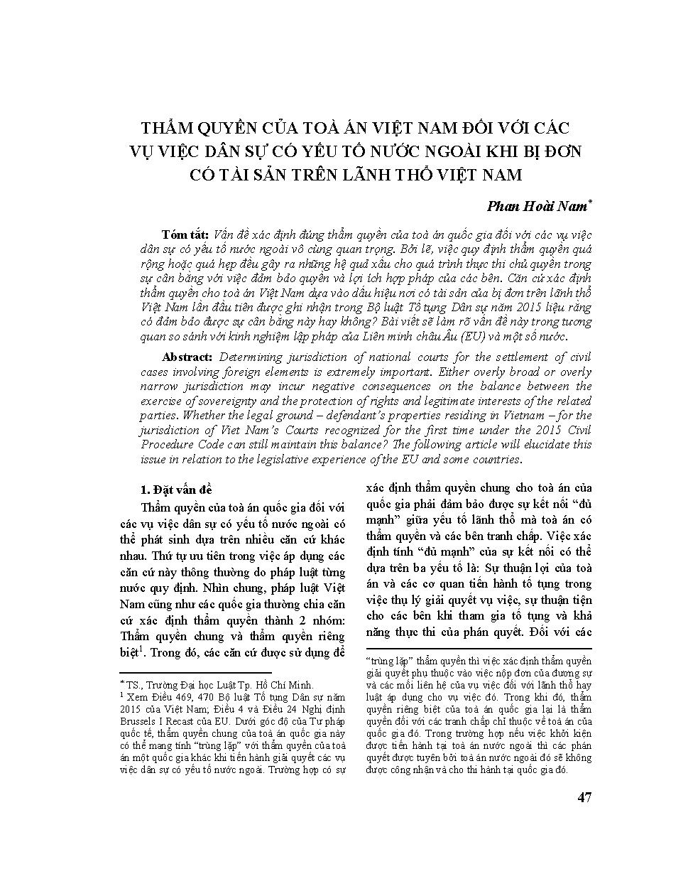 Thẩm quyền của tòa án Việt Nam đối với các vụ việc dân sự có yếu tố nước ngoài khi bị đơn có tài sản trên lãnh thổ Việt Nam