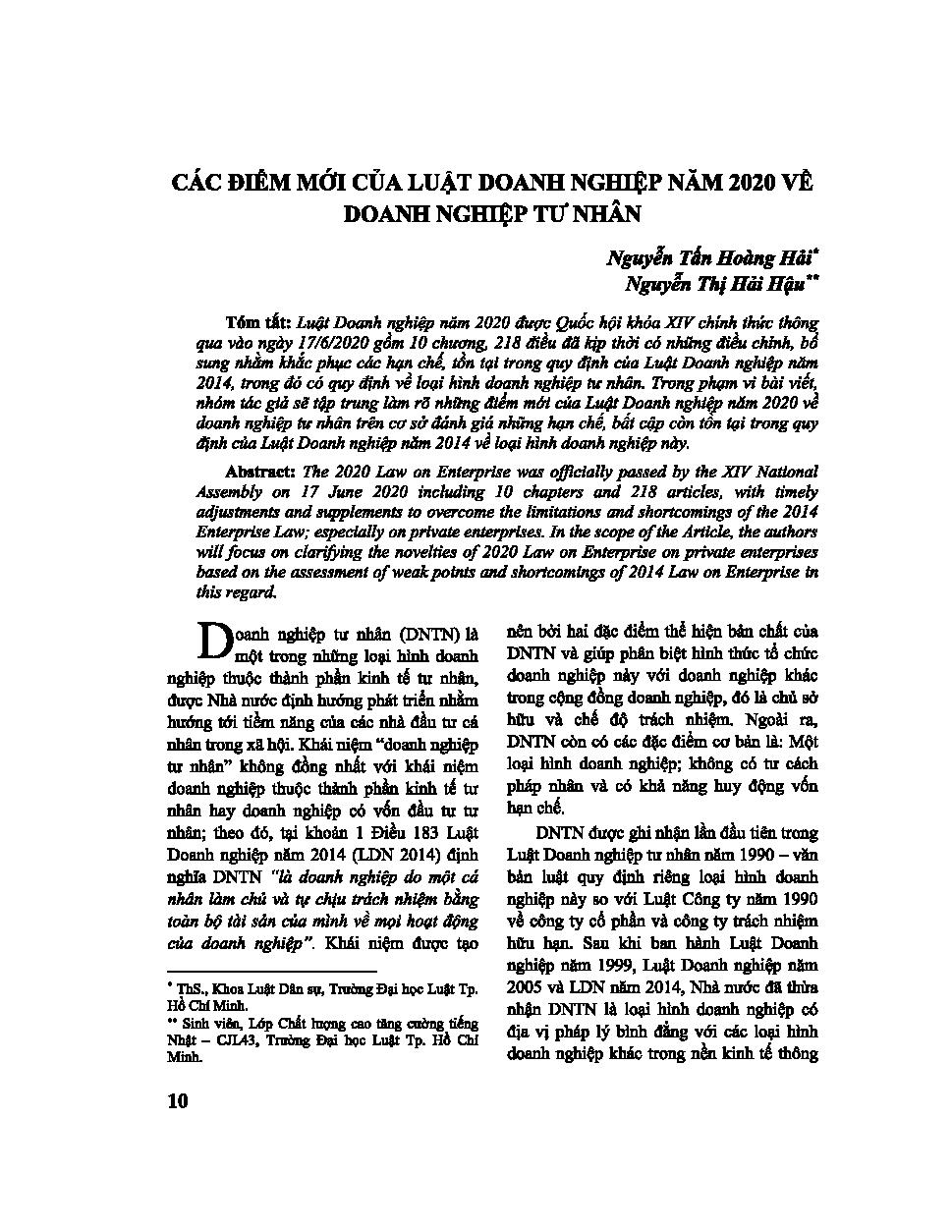 Các điểm mới của Luật Doanh nghiệp năm 2020 về doanh nghiệp tư nhân